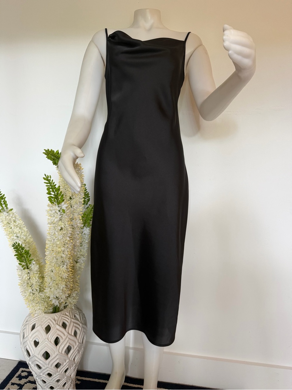 Joie Marcenna Black Satin Cowl Neck Midi Slip Dress